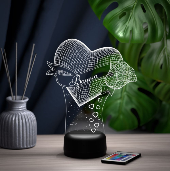 3D светильник  Светильник "Сердце с розой с именем Вашка"
