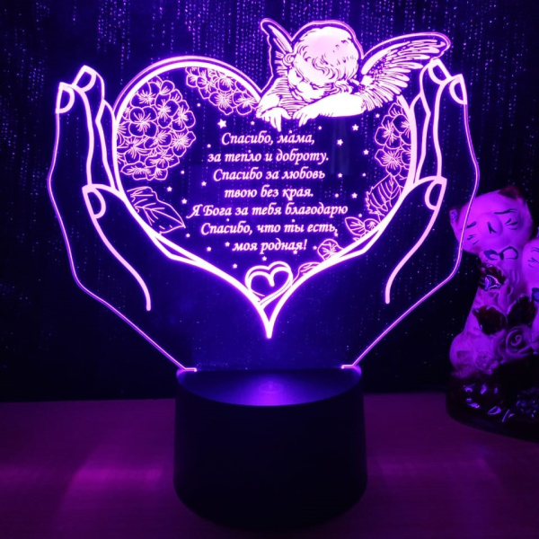 3D светильник  Сердце c ангелом с соцветием в руках