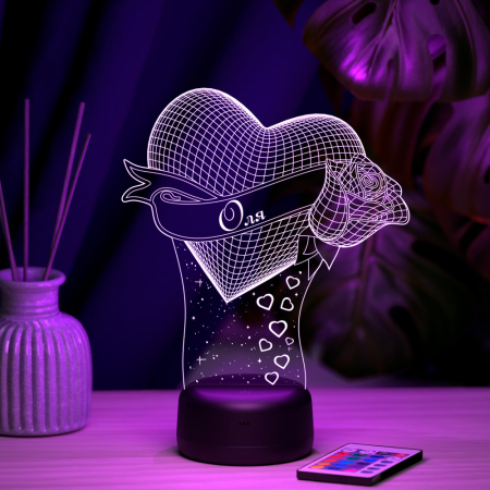 3D светильник  Светильник "Сердце с розой с именем Оля"