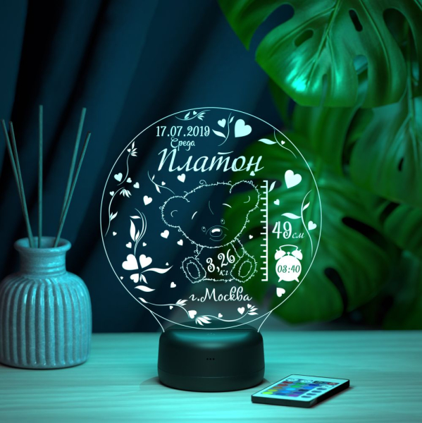 3D светильник  Ночник - Метрика с Мишкой