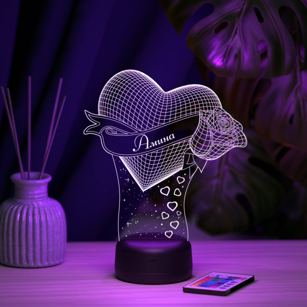 3D светильник  Светильник "Сердце с розой с именем Амина"