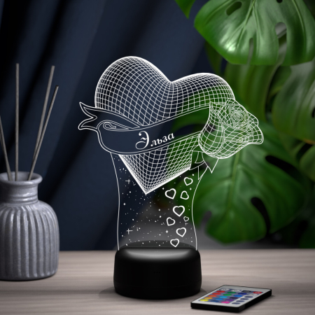 3D светильник  Светильник "Сердце с розой с именем Эльза"