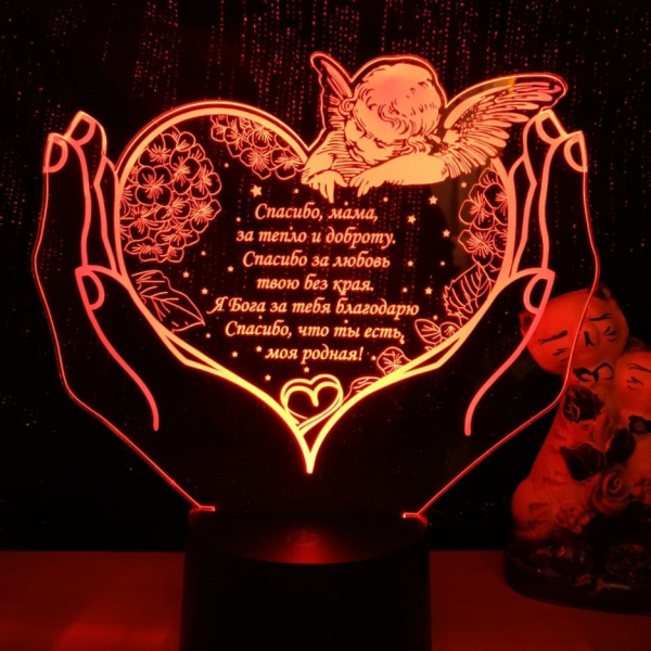 3D светильник  Сердце c ангелом с соцветием в руках