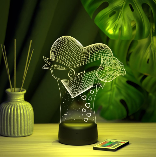 3D светильник  Светильник "Сердце с розой с именем Ольга"