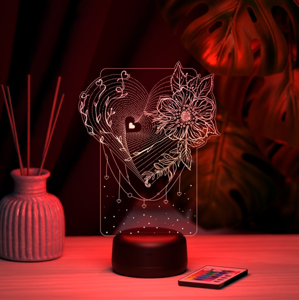 3D светильник  Светильник "Сердце с цветком"