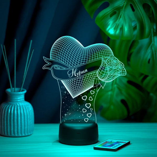 3D светильник  Светильник "Сердце с розой с именем Нурия"