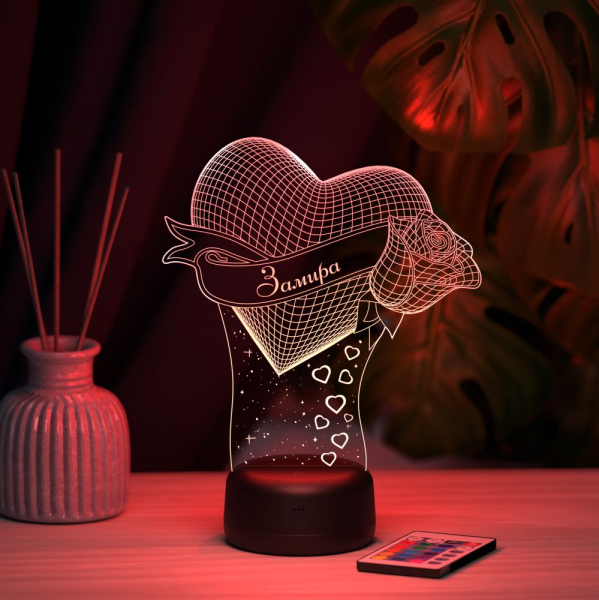 3D светильник  Светильник "Сердце с розой с именем Замира"