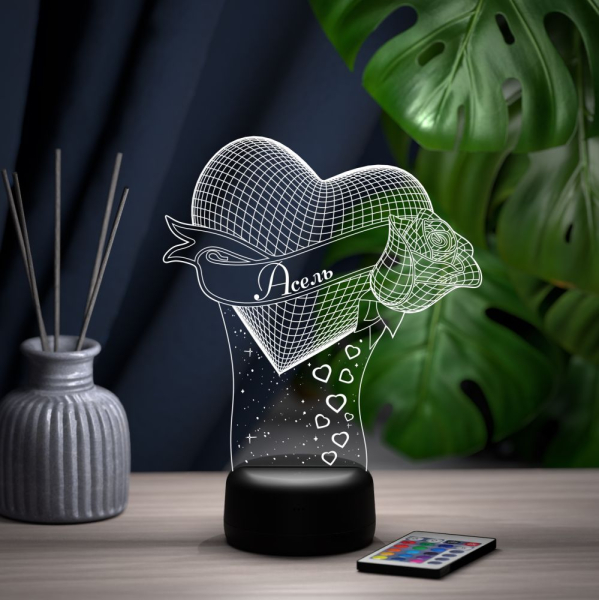 3D светильник  Светильник "Сердце с розой с именем Асель"