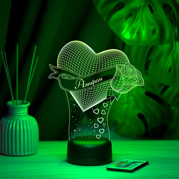 3D светильник  Светильник "Сердце с розой с именем Амиран"