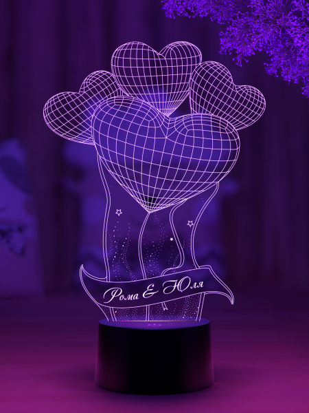 3D светильник  Светильник "Шарики сердечки c лентой"