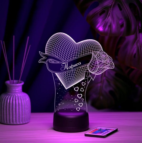 3D светильник  Светильник "Сердце с розой с именем Лариса"