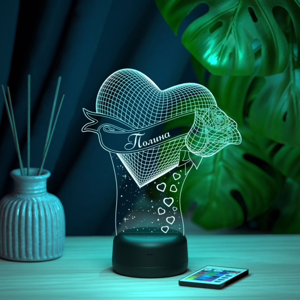 3D светильник  Светильник "Сердце с розой с именем Полина"
