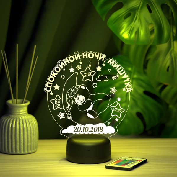 3D светильник  Ночник - метрика Мишка на луне