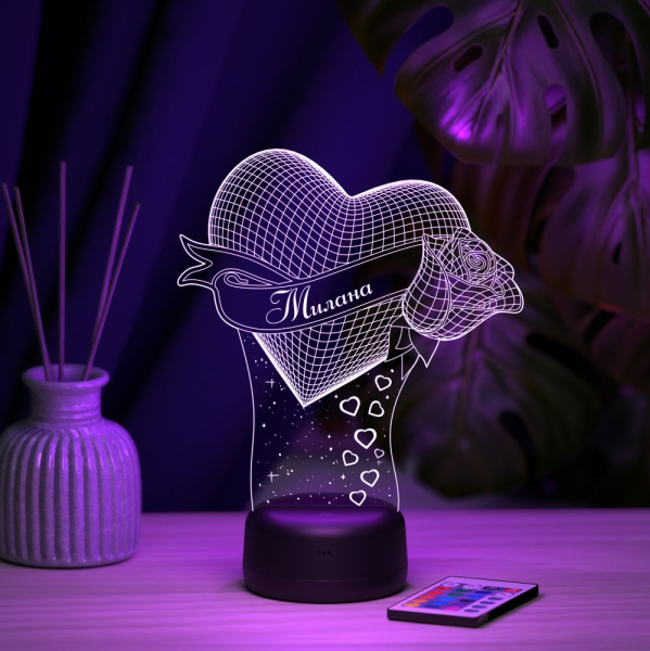 3D светильник  Светильник "Сердце с розой с именем Милана"