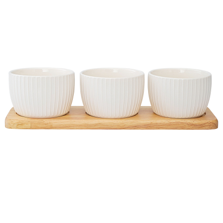 Набор из 3 чаш на бамбуковой подставке soft ripples, D8 см, белые матовые